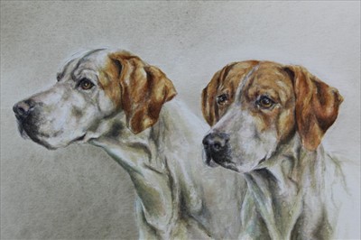 Lot 920 - Mandy Dearsley, 20th century watercolour - foxhound couple, signed, in glazed frame, 25cm x 35cm