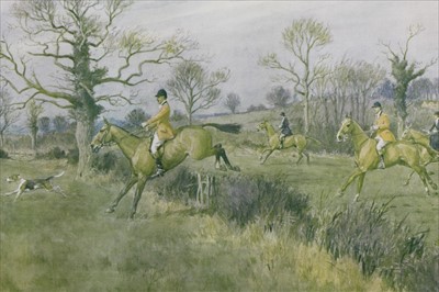 Lot 919 - Frank Algernon Stewart (1877-1945) signed print - The West Kent near Penshurst, a watercolour vignette depicting a hound lower left, 26cm x 63cm, together with three other signed hunting prints, ea...