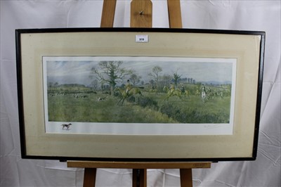 Lot 919 - Frank Algernon Stewart (1877-1945) signed print - The West Kent near Penshurst, a watercolour vignette depicting a hound lower left, 26cm x 63cm, together with three other signed hunting prints, ea...