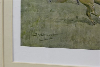 Lot 919 - Frank Algernon Stewart (1877-1945) signed print - The West Kent near Penshurst, a watercolour vignette depicting a hound lower left, 26cm x 63cm, together with three other signed hunting prints, ea...