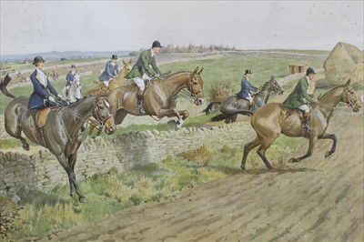 Lot 919 - Frank Algernon Stewart (1877-1945) signed print - The West Kent near Penshurst, a watercolour vignette depicting a hound lower left, 26cm x 63cm, together with three other signed hunting prints, ea...