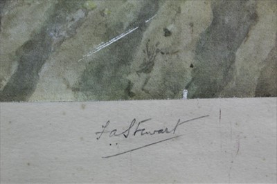 Lot 919 - Frank Algernon Stewart (1877-1945) signed print - The West Kent near Penshurst, a watercolour vignette depicting a hound lower left, 26cm x 63cm, together with three other signed hunting prints, ea...