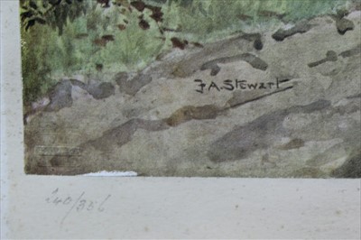 Lot 919 - Frank Algernon Stewart (1877-1945) signed print - The West Kent near Penshurst, a watercolour vignette depicting a hound lower left, 26cm x 63cm, together with three other signed hunting prints, ea...
