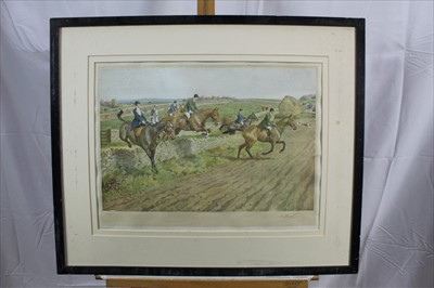 Lot 919 - Frank Algernon Stewart (1877-1945) signed print - The West Kent near Penshurst, a watercolour vignette depicting a hound lower left, 26cm x 63cm, together with three other signed hunting prints, ea...