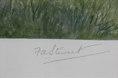 Lot 919 - Frank Algernon Stewart (1877-1945) signed print - The West Kent near Penshurst, a watercolour vignette depicting a hound lower left, 26cm x 63cm, together with three other signed hunting prints, ea...
