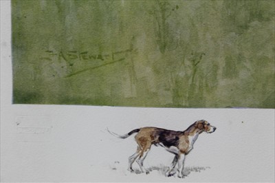 Lot 919 - Frank Algernon Stewart (1877-1945) signed print - The West Kent near Penshurst, a watercolour vignette depicting a hound lower left, 26cm x 63cm, together with three other signed hunting prints, ea...