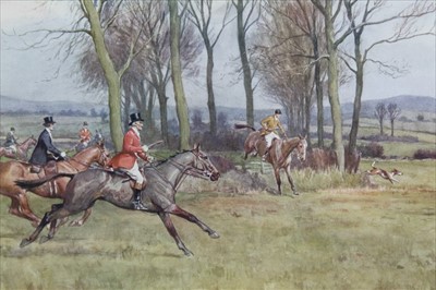 Lot 919 - Frank Algernon Stewart (1877-1945) signed print - The West Kent near Penshurst, a watercolour vignette depicting a hound lower left, 26cm x 63cm, together with three other signed hunting prints, ea...