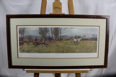 Lot 919 - Frank Algernon Stewart (1877-1945) signed print - The West Kent near Penshurst, a watercolour vignette depicting a hound lower left, 26cm x 63cm, together with three other signed hunting prints, ea...