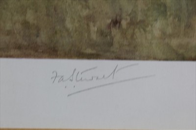 Lot 919 - Frank Algernon Stewart (1877-1945) signed print - The West Kent near Penshurst, a watercolour vignette depicting a hound lower left, 26cm x 63cm, together with three other signed hunting prints, ea...