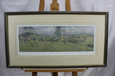 Lot 919 - Frank Algernon Stewart (1877-1945) signed print - The West Kent near Penshurst, a watercolour vignette depicting a hound lower left, 26cm x 63cm, together with three other signed hunting prints, ea...