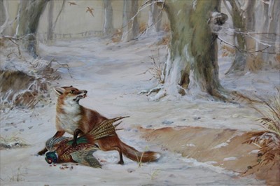 Lot 918 - Edwardian English School watercolour and gauche - a fox and pheasant in snow covered woodland, in glazed gilt frame, 30cm x 37cm