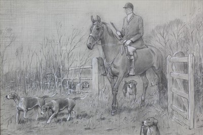 Lot 915 - Mid 20th century English School pencil heightened with white - huntsman and hounds, in glazed frame, 42cm x 48cm