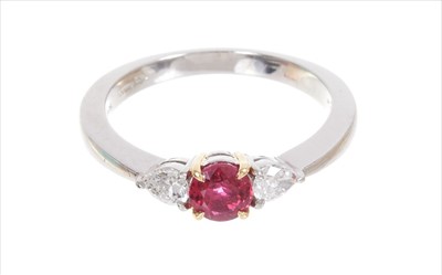 Lot 368 - Tiffany & Co. ruby and diamond three stone ring - boxed