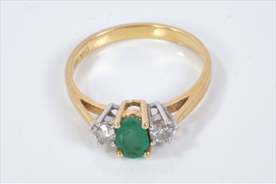 Lot 370 - Emerald and diamond three stone ring in 18ct gold setting
