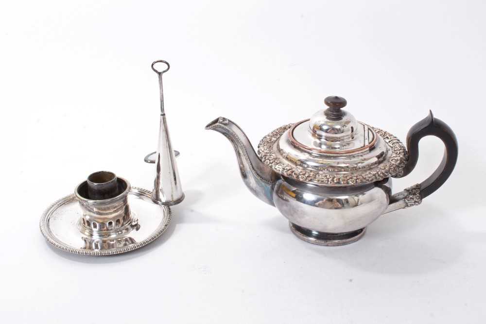 Lot 266 - George III Old Sheffield plate chamberstick with snuffer and George IV plated bachelors teapot