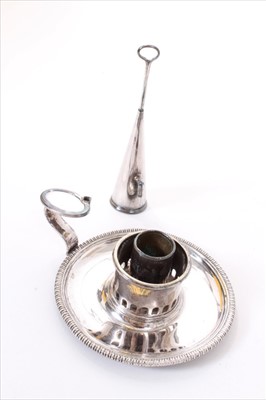Lot 266 - George III Old Sheffield plate chamberstick with snuffer and George IV plated bachelors teapot