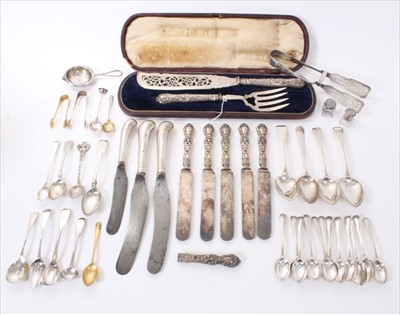 Lot 267 - Lot silver flatware, plated asparagus servers and pair fish servers in case