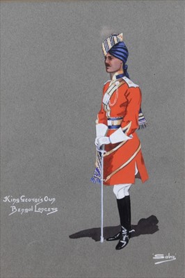 Lot 965 - 'Sabre', early 20th century watercolour and gouache - portrait of a King George's Own Bengal Lancer, signed and inscribed, in glazed gilt frame, 31cm x 23cm