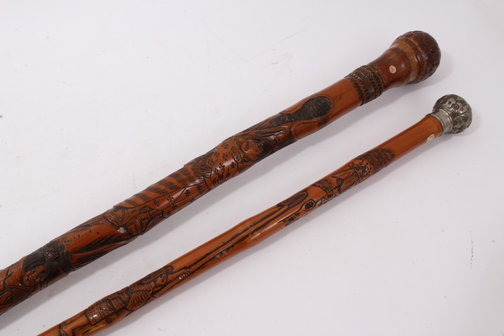 Antique Hand Carved Bamboo Walking Stick/Fishing Pole.2 swordsmen, Meiji?