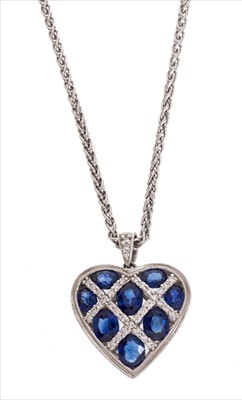 Lot 381 - Sapphire and diamond heart pendant on chain