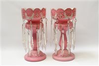 Lot 2234 - Pair of Victorian pink glass lustres with...