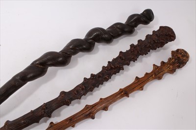 Lot 725 - Good antique root wood stick, gnarled tapering stem with horn ferrule, 95cm long, together with a similar stick