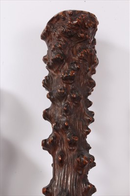 Lot 725 - Good antique root wood stick, gnarled tapering stem with horn ferrule, 95cm long, together with a similar stick