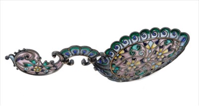 Lot 293 - Late 19th century Norwegian silver plique-à-jour enamel caddy spoon with Birmingham import hallmarks