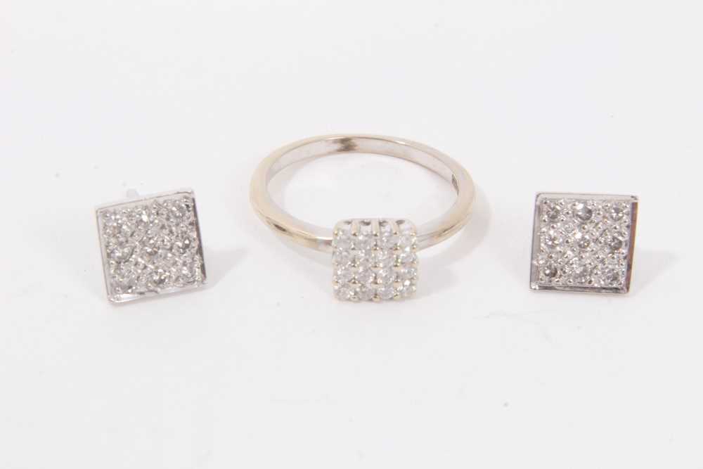 Lot 52 - 18ct white gold squared diamond cluster ring and similar pair earrings