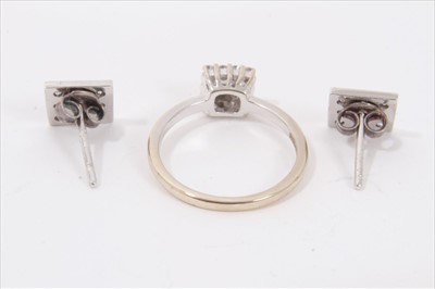 Lot 52 - 18ct white gold squared diamond cluster ring and similar pair earrings