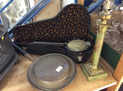 Lot 324 - Green onyx table lamp, copper warming pan and a small banjo in case