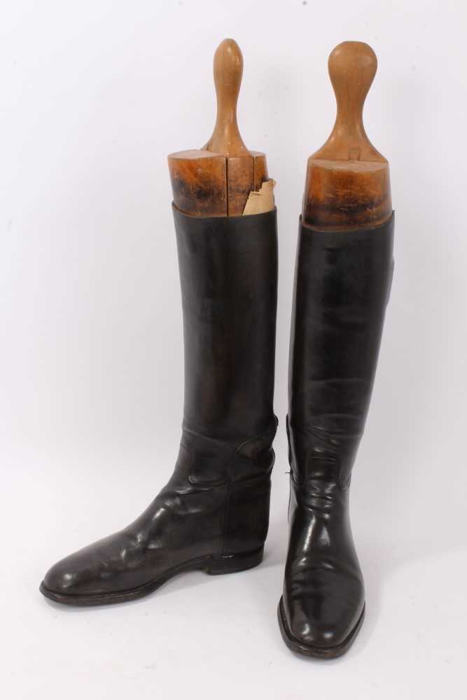 Lot 825 Pair black leather hunting boots with wooden