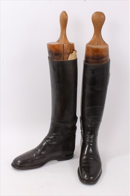 Lot 825 - Pair black leather hunting boots with wooden trees, approximately size 8