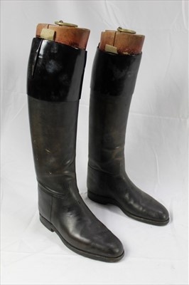 Lot 822 - Pair black leather hunting boots with black patent tops and Maxwell, London wooden trees