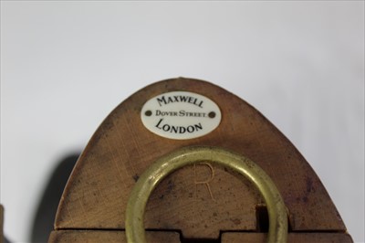 Lot 822 - Pair black leather hunting boots with black patent tops and Maxwell, London wooden trees