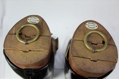 Lot 822 - Pair black leather hunting boots with black patent tops and Maxwell, London wooden trees
