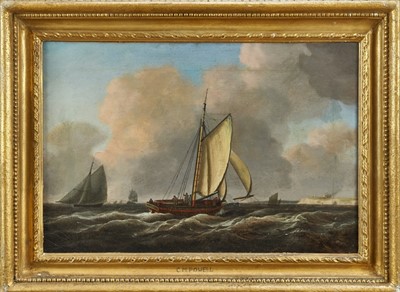 Lot 1009 - Attributed to Charles Martin Powell (1775-1824) oil on canvas - shipping off the coast, in gilt frame, 35cm x 52cm