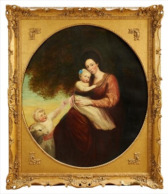 Lot 962 - English School, early 19th century, oil on canvas - a mother and children with a lamb beneath a tree, in gilt frame, 94cm x 83cm