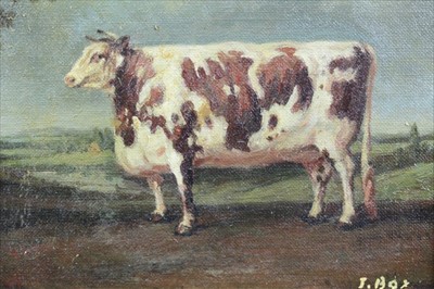 Lot 1017 - J. Box, 20th century, oil on canvas laid on board - A Bull in Landscape, signed, in gilt frame, 19cm x 25cm