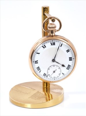 Lot 573 - Gentlemen's 9ct gold open face pocket watch with Swiss button wind movement in 9ct gold Dennison case (Birmingham 1927) together with a gilt metal watch stand