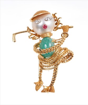Lot 353 - A French 18ct gold and multi-gem set novelty Golfer brooch, modelled as a figure in full swing, inset with green cabochon body, cultured pearl head, diamond eyes and  ruby mouth, 18ct gold body, st...