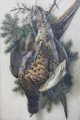 Lot 889 - Unusual pair of 19th century French embossed coloured lithographs - Dead Game, hare and brace of pheasants, in glazed painted frames, 58cm x 38cm