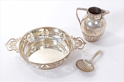 Lot 333 - Georgian silver caddy spoon, Victorian silver cream jug and a silver Bon Bon dish