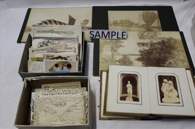 Lot 1053 - Victorian Greetings cards collection including paper-lace, angel pull-out, novelty, stand-up, Valentines etc. Also a small quantity of postcards, small Victorian photograph album containing photogr...