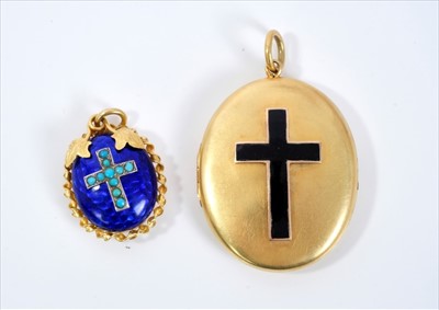 Lot 419 - Two Victorian enamelled cross locket pendants