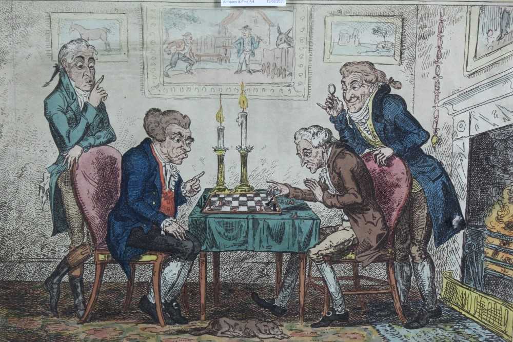 Lot 1050 - George Cruikshank, 19th century hand coloured etching - Game of Chess, published by Humphrey March 6th 1814, in glazed frame, 24cm x 33cm