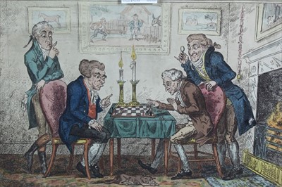 Lot 1050 - George Cruikshank, 19th century hand coloured etching - Game of Chess, published by Humphrey March 6th 1814, in glazed frame, 24cm x 33cm