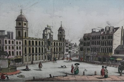 Lot 1052 - 18th century hand coloured engraving - Northumberland House and Charing Cross, London, circa 1770, in glazed frame, 29cm x 41.5cm