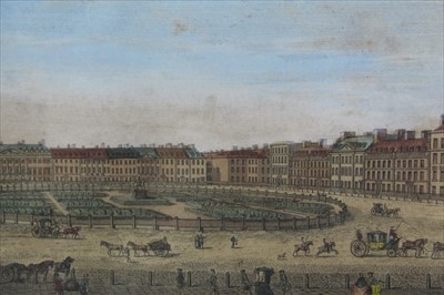 Lot 1053 - 18th century hand coloured engraving - A View of Grosvenor Square London, published by Laurie & Whittle, May 1791, in glazed frame, 26cm x 39.5cm