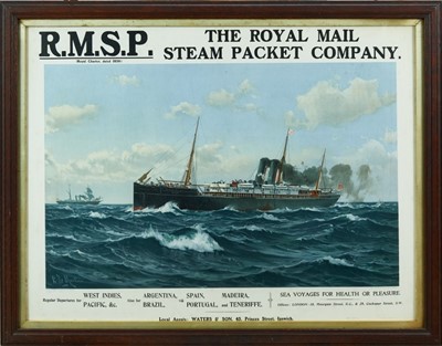 Lot 1057 - Rare late Victorian chromolithograph shipping poster after E. de. Martino - R.M.S.P. The Royal Mail Steam Packet Company, "Nile" at sea, advertising voyages via Ipswich based agent Waters & Son, 45...